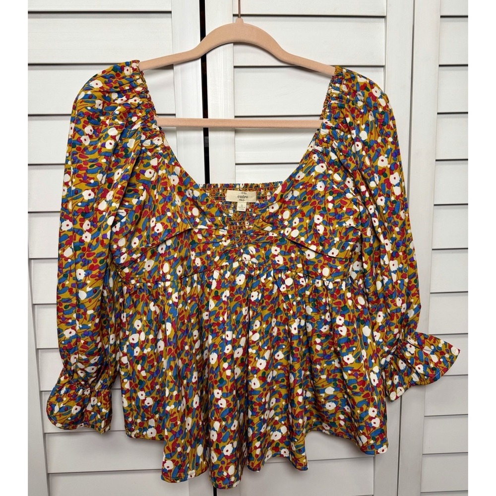 Entro Abstract Floral Puff Sleeve Deep V-Neck Smocked Top Women's Size Small